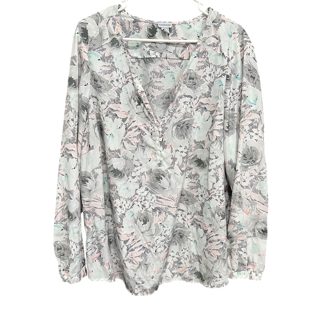 Paraphrase Floral Blouse Long Sleeve V Neck Button Front Top‎ 3X